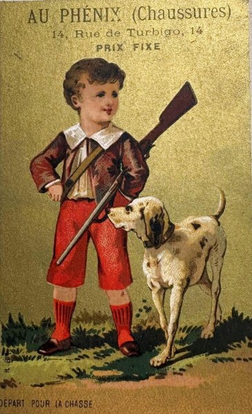画像1: Vintage Trade Card　アンティーク　トレードカード　猟犬と鉄砲を持つ男の子　靴店　フランス (1)