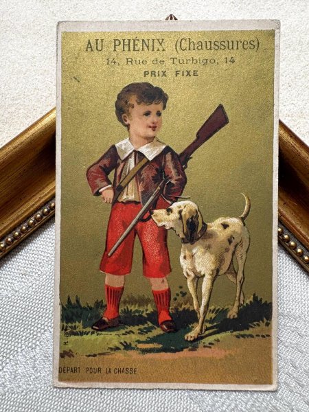 画像2: Vintage Trade Card　アンティーク　トレードカード　猟犬と鉄砲を持つ男の子　靴店　フランス (2)