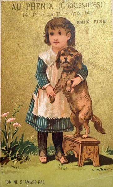 画像1: Vintage Trade Card　アンティーク　トレードカード　女の子と犬　ダックスフンド　靴店　フランス (1)