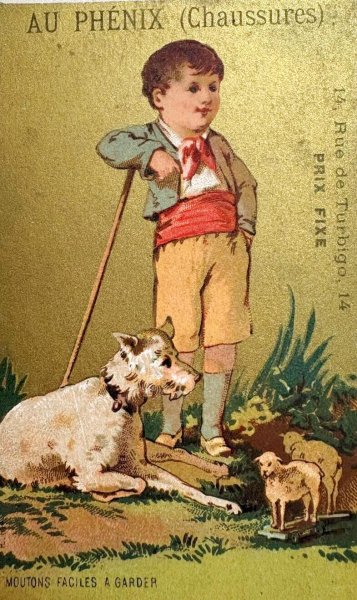 画像1: Vintage Trade Card　アンティーク　トレードカード　白い犬と男の子　羊のおもちゃ　靴店　フランス (1)