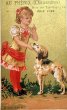 画像1: Vintage Trade Card　アンティーク　トレードカード　女の子と犬　スパニエル　靴店　フランス (1)
