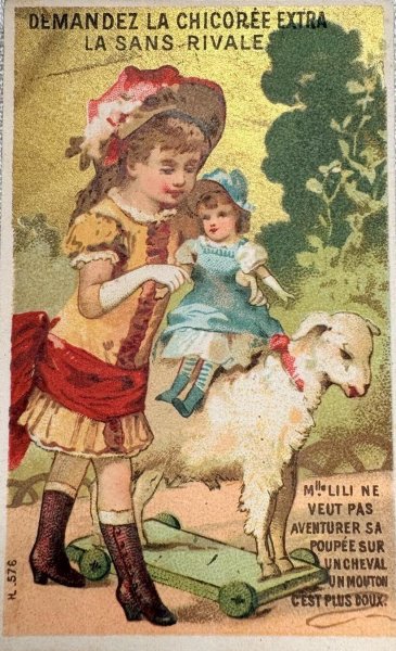 画像1: Vintage Trade Card　アンティーク　トレードカード　女の子とお人形　羊のプルトイ　靴店　フランス (1)