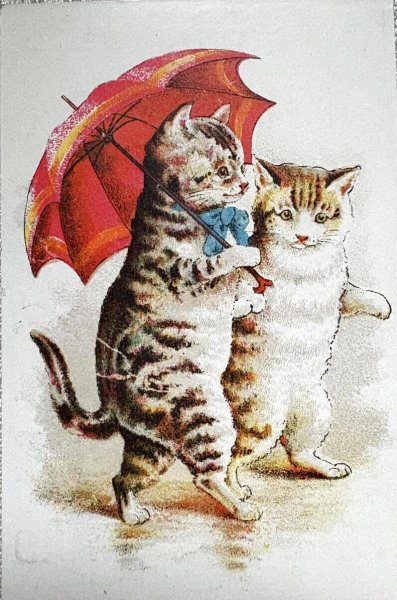 画像1: Vintage Trade Card　アンティーク　トレードカード　赤い傘と猫　アメリカ (1)