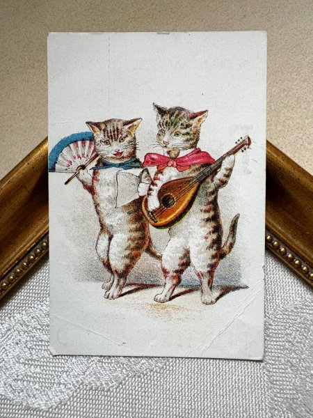 画像2: Vintage Trade Card　アンティーク　トレードカード　マンドリンを弾く猫　扇子　アメリカ (2)
