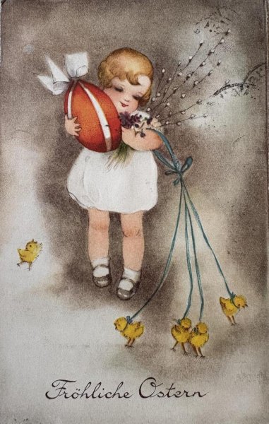 画像1: Postcard  アンティークポストカード   イースター ヒヨコと女の子 卵 Hannes Petersen (1)