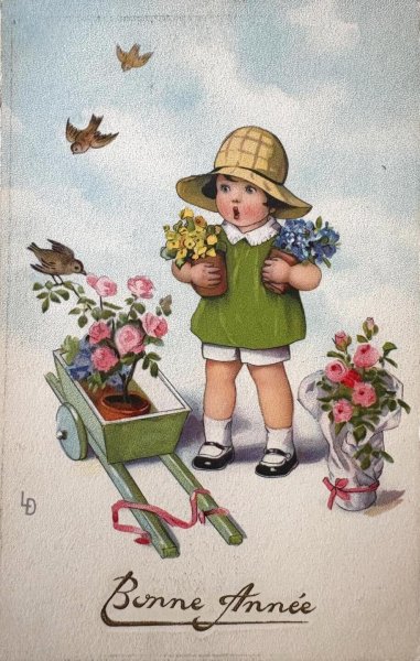 画像1: Postcard  アンティークポストカード   お花と女の子 Lia Doring (1)