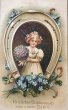 画像1: Postcard  アンティークポストカード   忘れな草のお花と女の子 馬蹄 四つ葉 ドイツ1914年 (1)