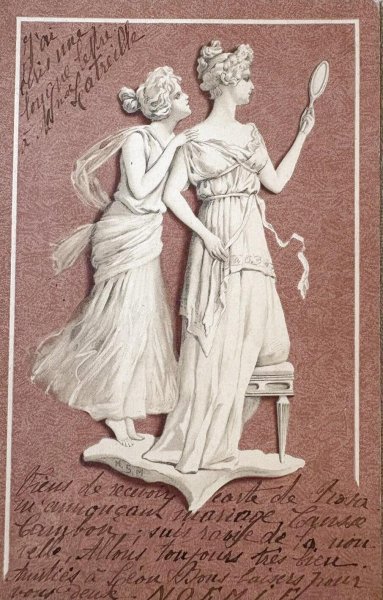 画像1: Postcard 　アンティークポストカード   手鏡と女性たち　ギリシャ神話風　フランス1900年　 (1)