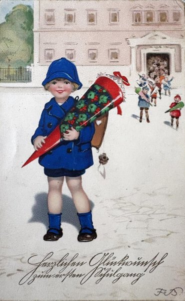 画像1: Postcard  アンティークポストカード   入学式の子どもたち Schultüte  シュールテューテ  by Fritz Baumgarten  (1)