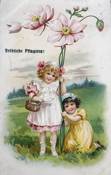 画像1: Postcard  アンティークポストカード   お花と女の子 プリムローズ ブランデージ ドイツ1906年 (1)