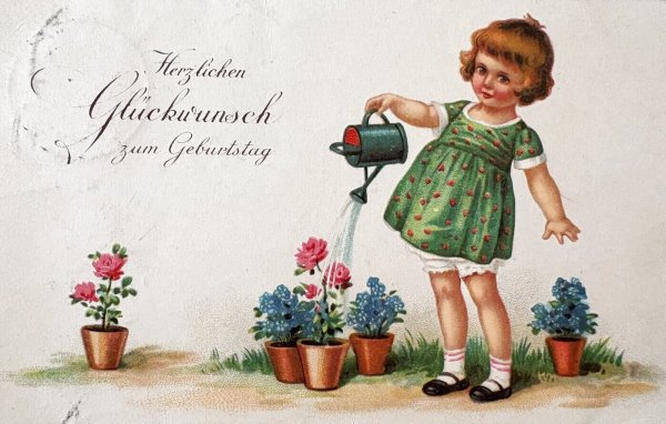 画像1: Postcard  アンティークポストカード   お花にお水を与える女の子 ドイツ1933年 (1)