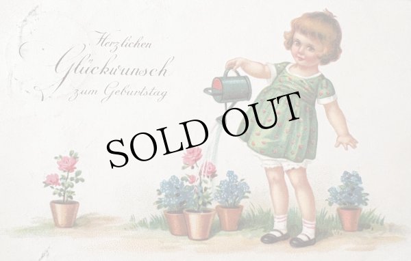 画像1: Postcard 　アンティークポストカード   お花にお水を与える女の子　ドイツ1933年 (1)