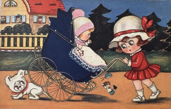 画像1: Postcard  アンティークポストカード   犬にぶつかってしまった乳母車の赤ちゃんと女の子 オランダ1928年 (1)