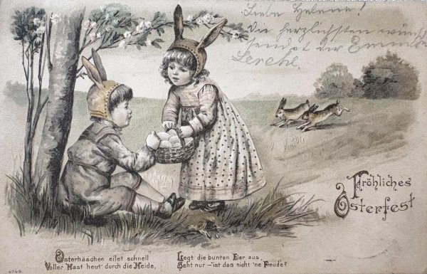 画像1: Postcard  アンティークポストカード   イースター ウサギと子どもたち うさぎの被り物 ドイツ1903年 (1)
