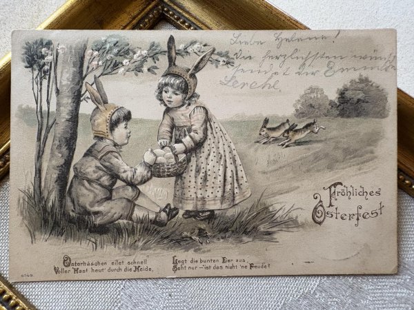 画像2: Postcard  アンティークポストカード   イースター ウサギと子どもたち うさぎの被り物 ドイツ1903年 (2)
