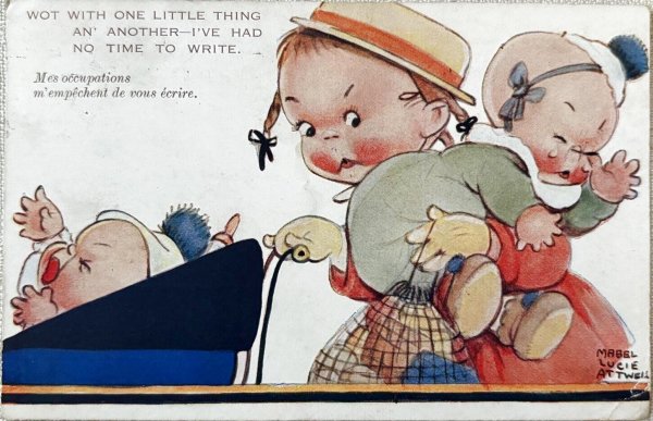 画像1: Postcard 　アンティークポストカード　赤ちゃんのお世話で忙しいベビーシッターの女の子　手紙を書く暇がありません　1550　Mabel Lucie Attwell (1)