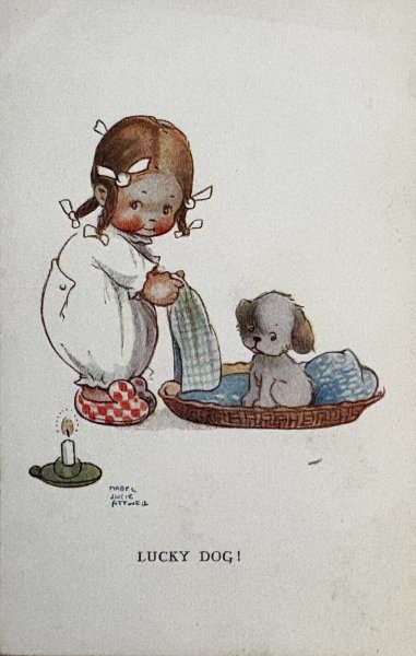 画像1: Postcard 　アンティークポストカード　犬のベッドのお世話をする女の子　A4604 Mabel Lucie Attwell　(未使用) (1)