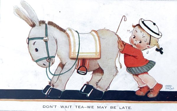 画像1: Postcard 　アンティークポストカード　遅れちゃう！ロバを押す女の子　1099　 Mabel Lucie Attwell　イギリス1928年 (1)