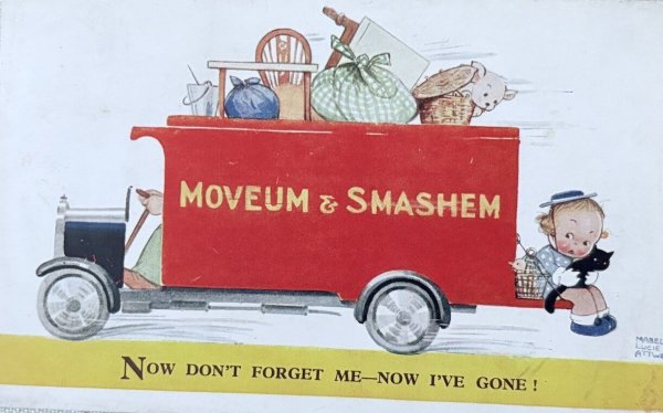 画像1: Postcard 　アンティークポストカード　お引っ越しをする女の子と犬と黒猫　 Mabel Lucie Attwell　イギリス1934年 (1)