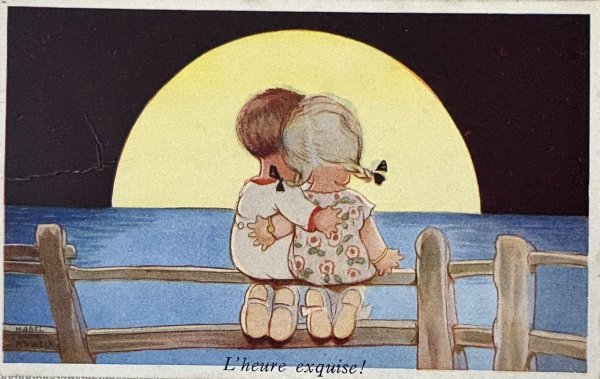 画像1: Postcard 　アンティークポストカード　月夜に海を見るふたり　 Mabel Lucie Attwell　（未使用） (1)