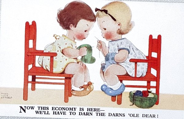 画像1: Postcard 　アンティークポストカード　編み物をする女の子　 Mabel Lucie Attwell　（未使用） (1)