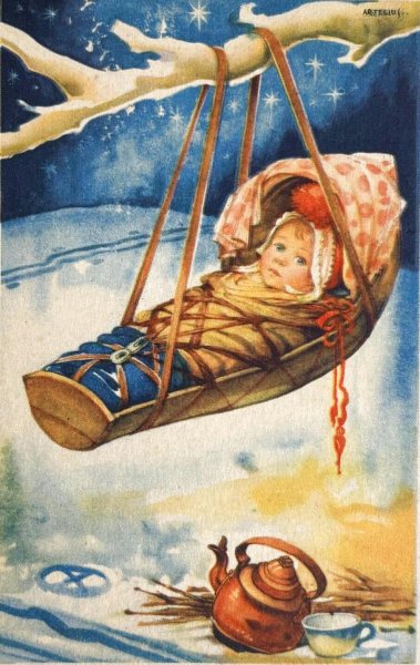 画像1: Postcard 　アンティークポストカード 　赤ちゃんとやかん　スウェーデン　Helge Artelius （未使用） (1)