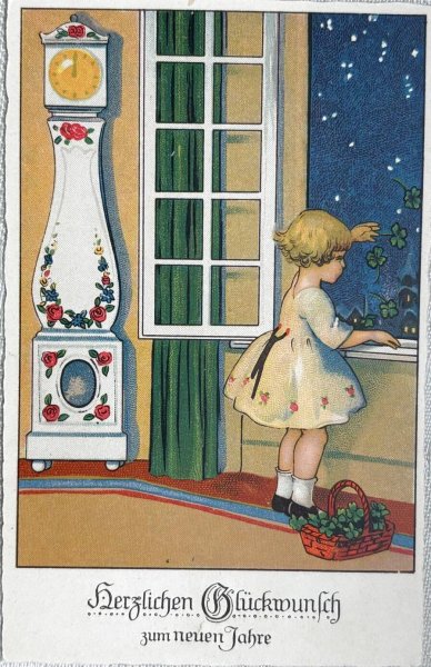 画像1: Postcard 　アンティークポストカード 　新年祝い　New Year　大きな時計と四つ葉のクローバーを振りまく女の子　ドイツ1912年 (1)