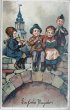 画像1: Postcard 　アンティークポストカード 　新年祝い　New Year　橋の上で演奏をする子どもたち　フルート　笛　バイオリン　ドイツ1915年 (1)