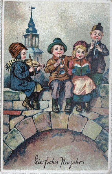 画像1: Postcard 　アンティークポストカード 　新年祝い　New Year　橋の上で演奏をする子どもたち　フルート　笛　バイオリン　ドイツ1915年 (1)