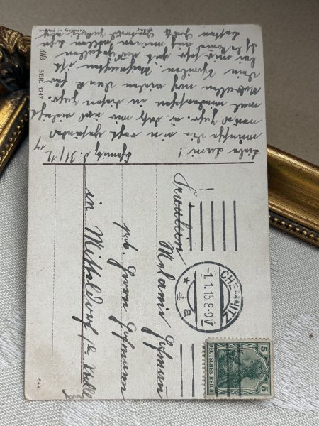 画像3: Postcard 　アンティークポストカード 　新年祝い　New Year　橋の上で演奏をする子どもたち　フルート　笛　バイオリン　ドイツ1915年 (3)