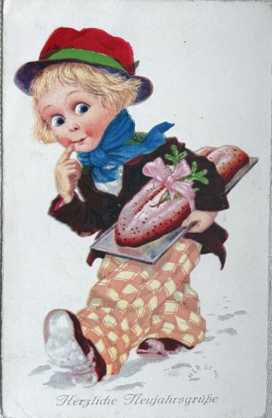 画像1: Postcard 　アンティークポストカード 　新年祝い　New Year　プレゼントを運ぶ男の子　パン　グーグリー　ドイツ1920年 (1)