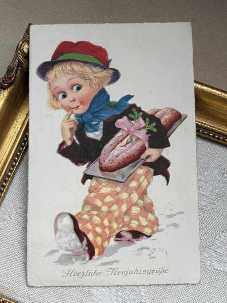 画像2: Postcard 　アンティークポストカード 　新年祝い　New Year　プレゼントを運ぶ男の子　パン　グーグリー　ドイツ1920年 (2)