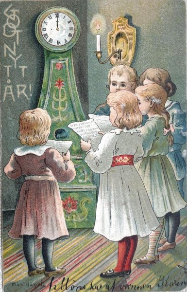 画像1: Postcard 　アンティークポストカード 　新年祝い　New Year　時計を囲んで歌う子どもたち　スウェーデン1906年 (1)