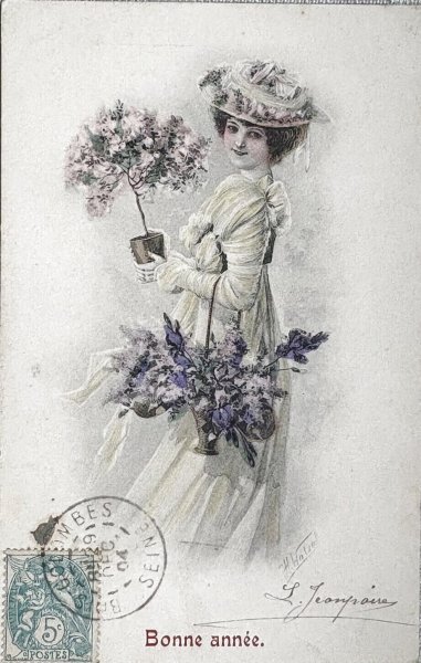 画像1: Postcard 　アンティークポストカード 　新年祝い　New Year  Bonne Annee お花と女性　パニエ　ウィーン趣味風　フランス1904年 (1)