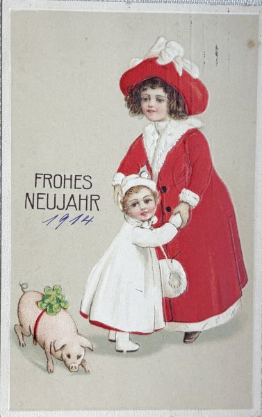 画像1: Postcard 　アンティークポストカード 　新年祝い　New Year　女の子と子豚　四つ葉クローバー　 (1)