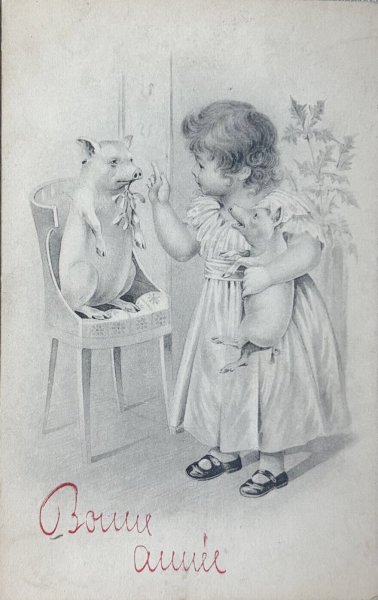 画像1: Postcard 　アンティークポストカード 　新年祝い　New Year　女の子と子豚　ヤドリギ　ウィーン趣味風　フランス1910年 (1)