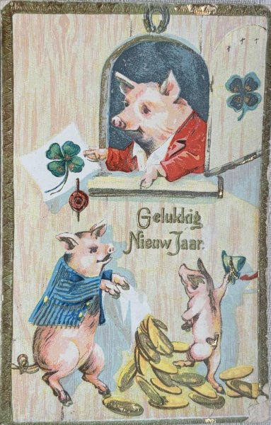 画像1: Postcard 　アンティークポストカード 　新年祝い　New Year　3匹の子豚と金貨　馬蹄　四つ葉クローバー (1)