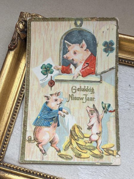 画像2: Postcard 　アンティークポストカード 　新年祝い　New Year　3匹の子豚と金貨　馬蹄　四つ葉クローバー (2)