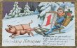 画像1: Postcard 　アンティークポストカード 　新年祝い　New Year　豚のソリに乗る男の子　キノコ　四つ葉クローバー　オランダ1936年 (1)