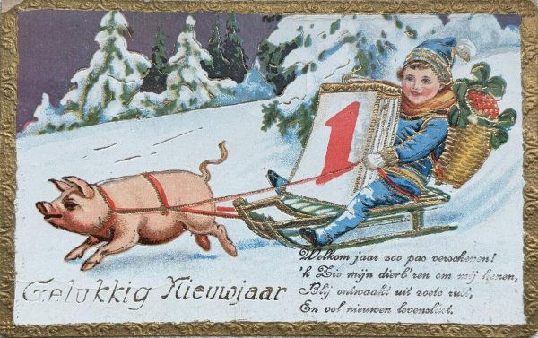 画像1: Postcard 　アンティークポストカード 　新年祝い　New Year　豚のソリに乗る男の子　キノコ　四つ葉クローバー　オランダ1936年 (1)