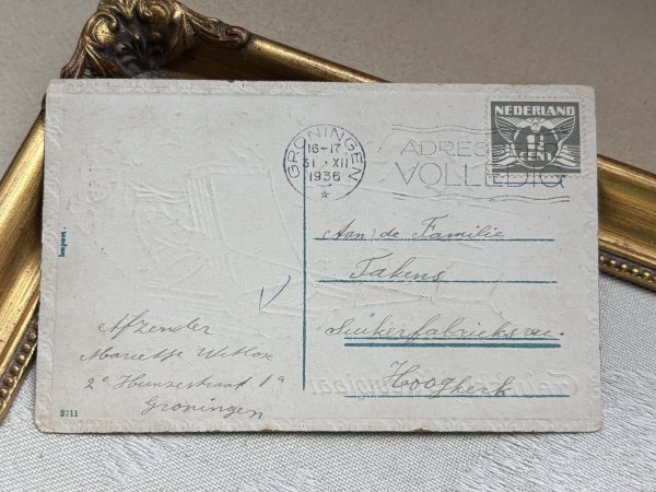 画像3: Postcard 　アンティークポストカード 　新年祝い　New Year　豚のソリに乗る男の子　キノコ　四つ葉クローバー　オランダ1936年 (3)