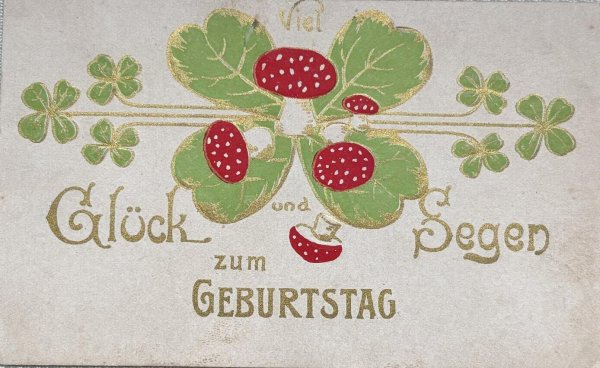 画像1: Postcard 　アンティークポストカード 　新年祝い　New Year　キノコ　四つ葉クローバー　ドイツ1908年 (1)