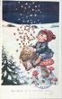 画像1: Postcard 　アンティークポストカード 　新年祝い　New Year　空から降ってくる金貨を集める女の子　キノコの椅子　ドイツ1924年 (1)