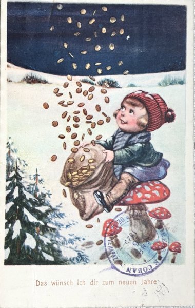 画像1: Postcard 　アンティークポストカード 　新年祝い　New Year　空から降ってくる金貨を集める女の子　キノコの椅子　ドイツ1924年 (1)