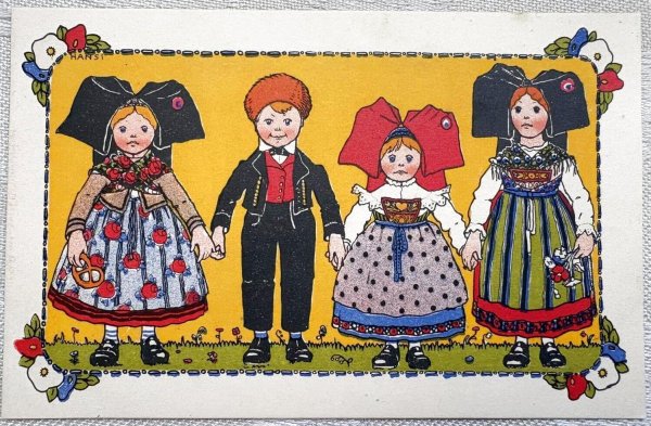 画像1: Postcard 　アンティークポストカード 　フランス　アンザス地方の子どもたち　民族衣装　HANSi（未使用） (1)