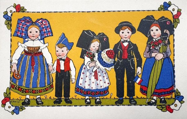 画像1: Postcard 　アンティークポストカード 　フランス　アンザス地方の子どもたち　民族衣装　HANSi（未使用） (1)