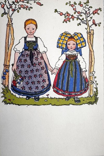 画像1: Postcard 　アンティークポストカード 　フランス　アンザス地方の女の子たち　民族衣装　HANSi（未使用） (1)