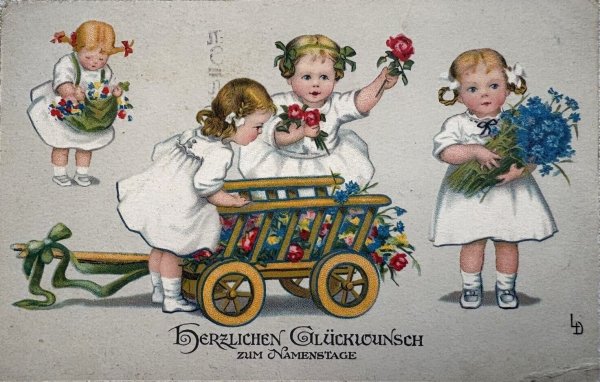 画像1: Postcard 　アンティークポストカード   お花と女の子　Lia Doring ドイツ1929年 (1)