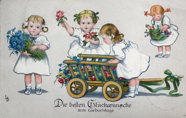 画像1: Postcard 　アンティークポストカード   お花と女の子　Lia Doring ドイツ1931年 (1)