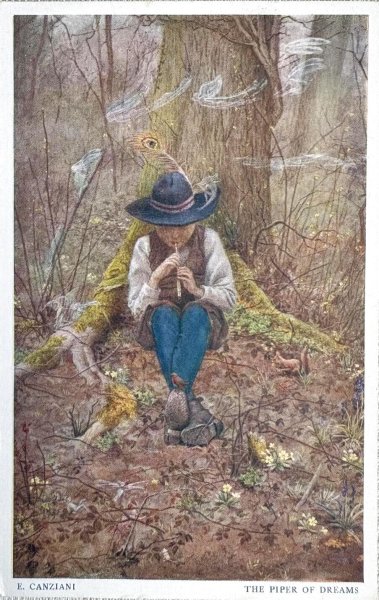 画像1: Postcard 　アンティークポストカード 　森の精霊と笛吹の少年　イギリス（未使用）E.Canziani (1)